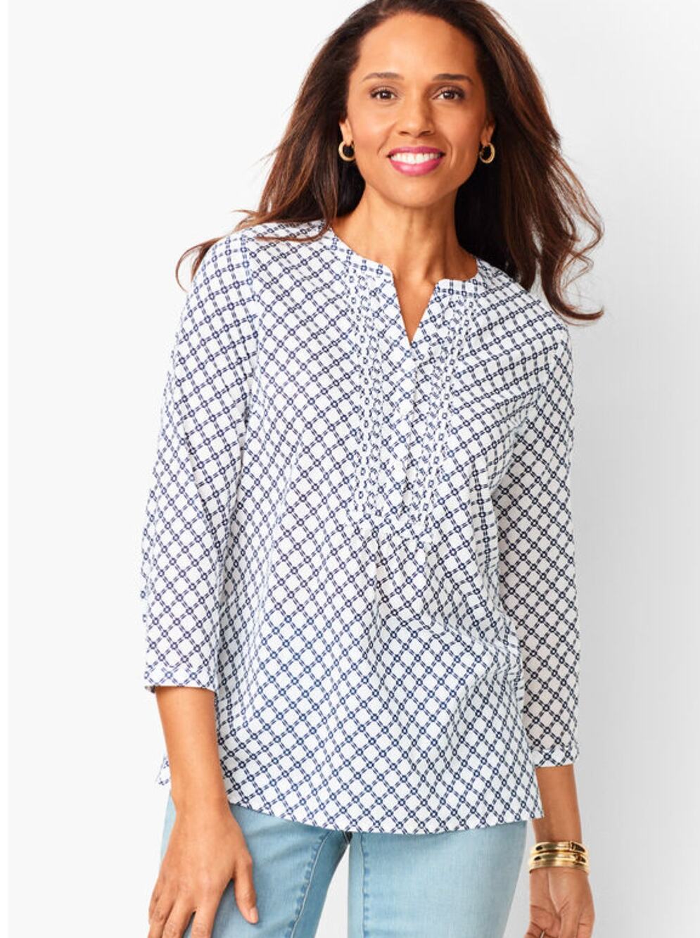 Talbots Womens 2X Navy White Pintuck Popover Diamond Tile 3/4 Sleeve Blouse